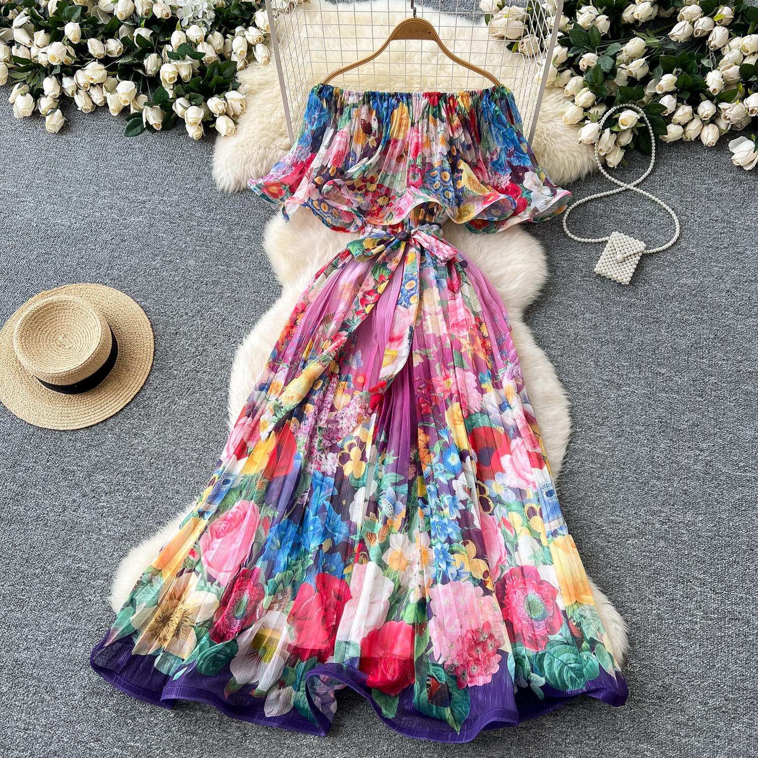 Basic Casual Dresses Spring Summer Off Shoulder Gorgeous Flower Holiday Dress Women's Slash Neck Ruffles Batwing Sleeve Print Casual A-Line Beach