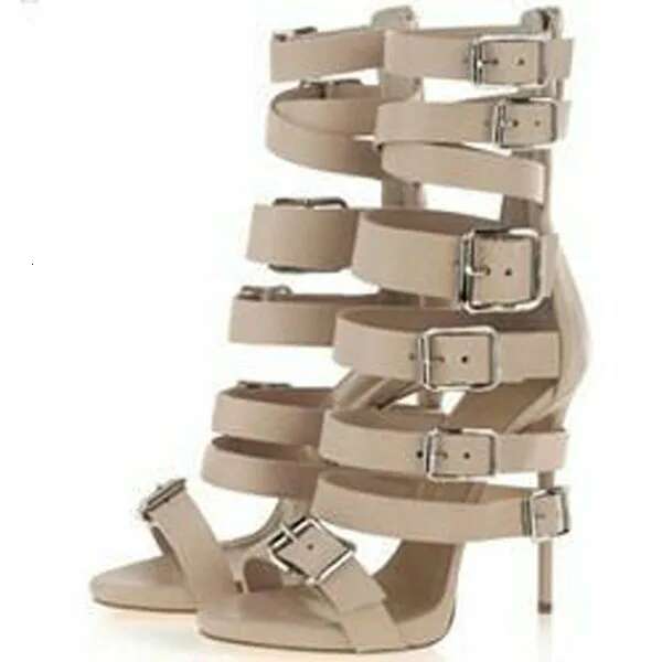Women Buckle Straps Cut Out Sandals Gladiator Belt Fasten Open Toe Thin Back Zipper Party High Heels Sandal Booties