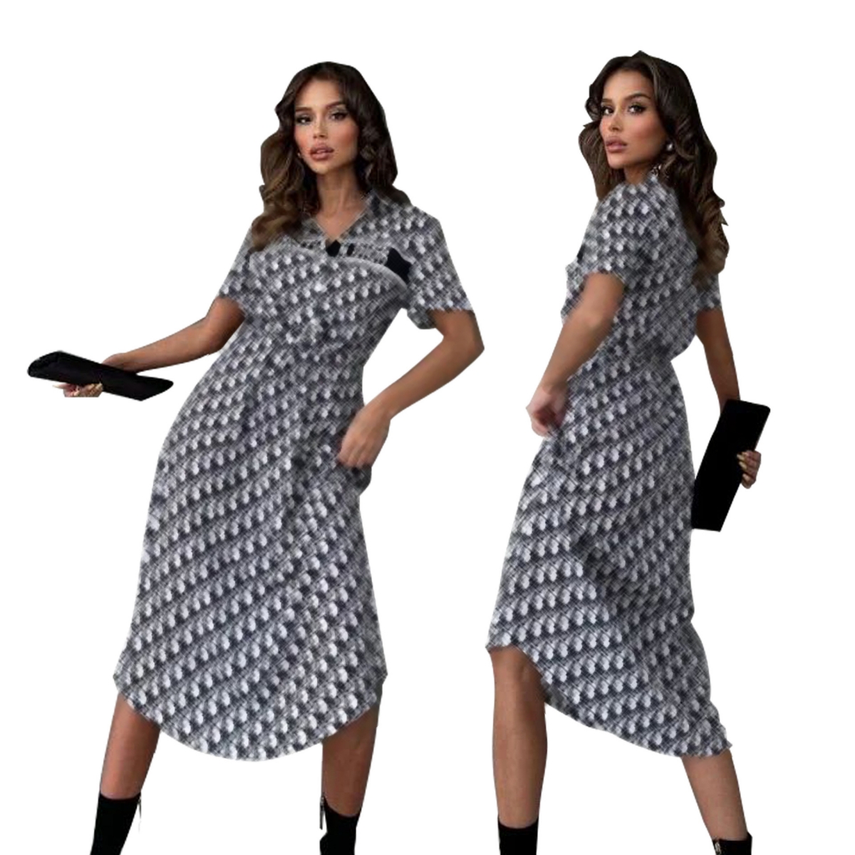 Casual Shirt Dresses Women Print Lapel Neck Short Sleeve Knee Length Dress with Sashes Free Ship