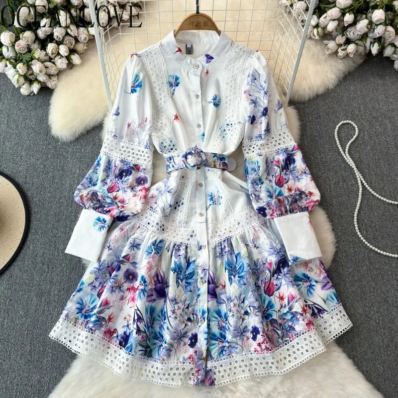 Spring Autumn Lantern Sleeve Women Dresses Lace Floral Korean Fashion Retro Vestidos Mujer Stand Collar Mini Dress