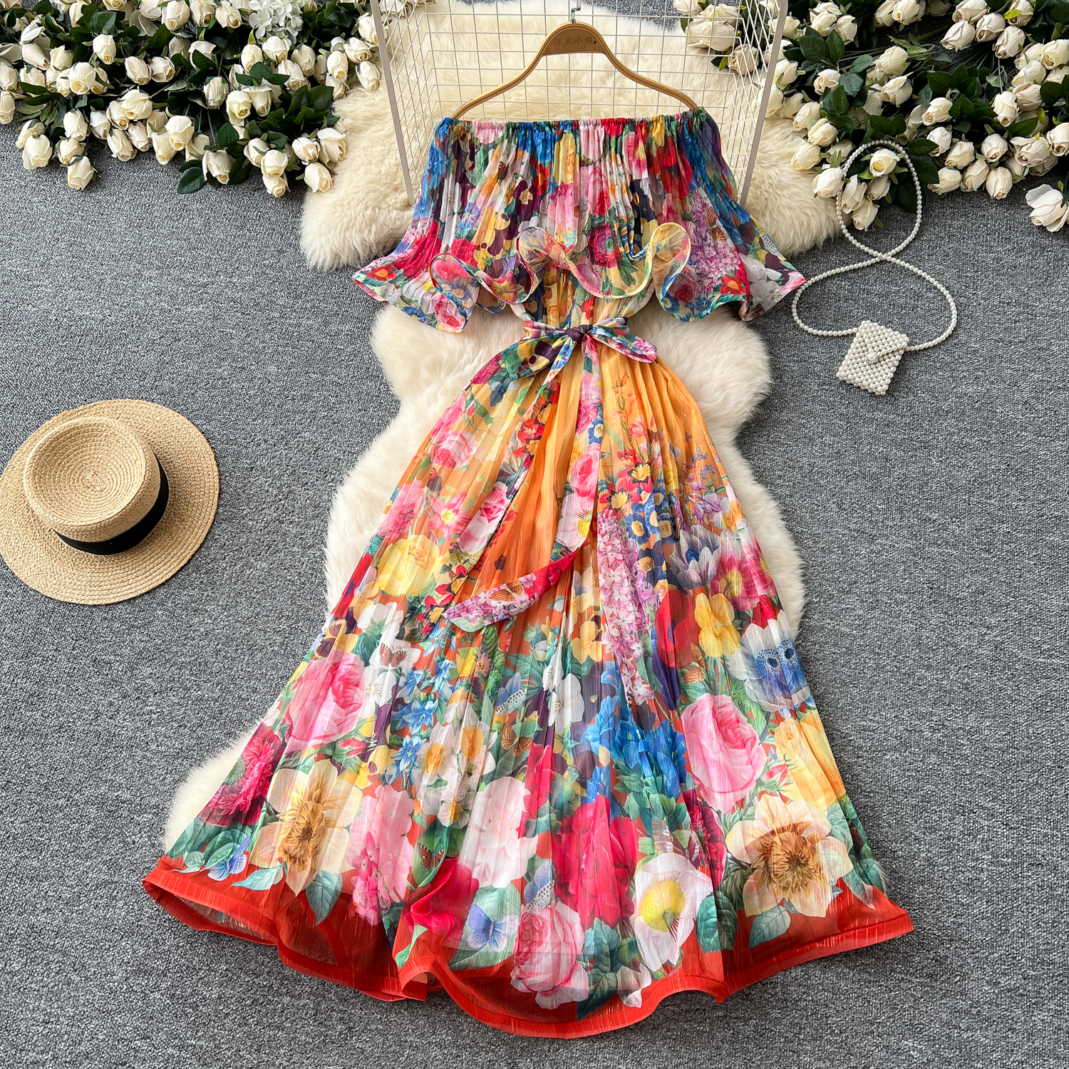 Basic Casual Dresses Spring Summer Off Shoulder Gorgeous Flower Holiday Dress Women's Slash Neck Ruffles Batwing Sleeve Print Casual A-Line Beach
