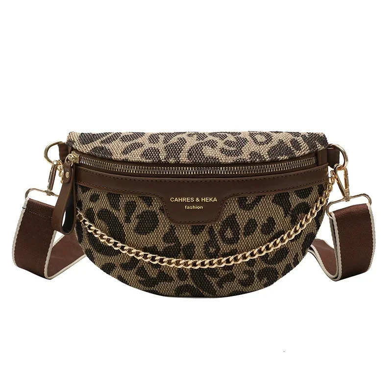Canvas Leopard Print waist bag chain zipper fashionable chest bag soft Versatile Communicating cross body bag 250318