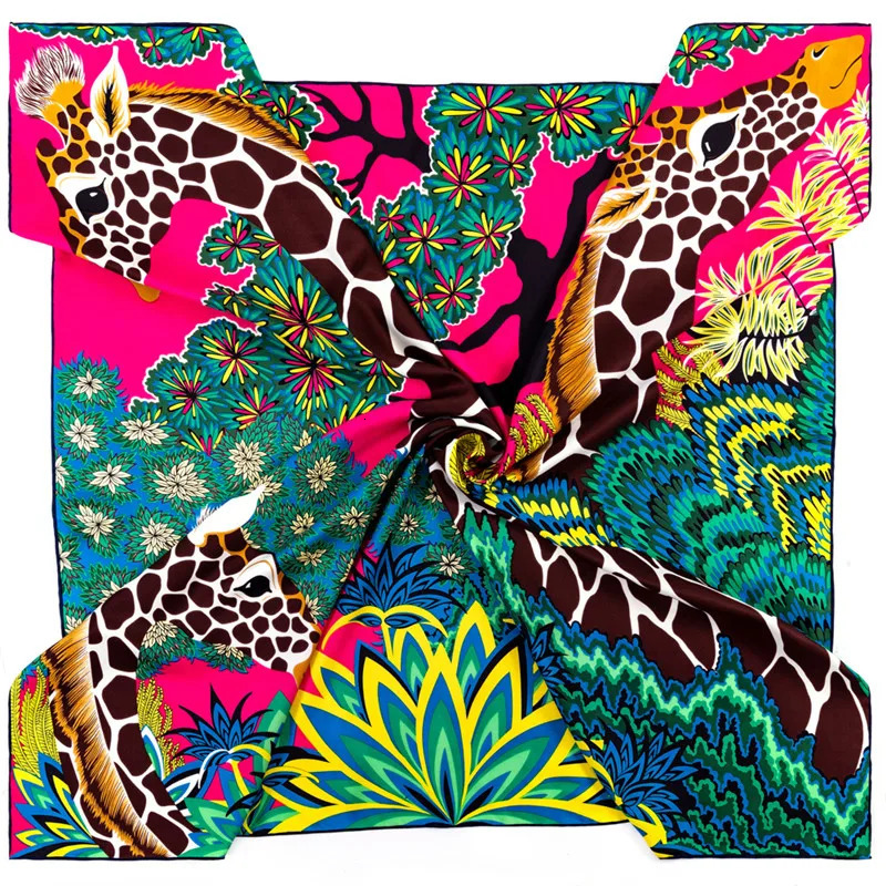 POBING Twill Silk Scarf Women Three Giraffes Square Scarves Manual Hand Rolled Echarpes Foulards Femme Wrap Bandana Hijab 90CM 250321
