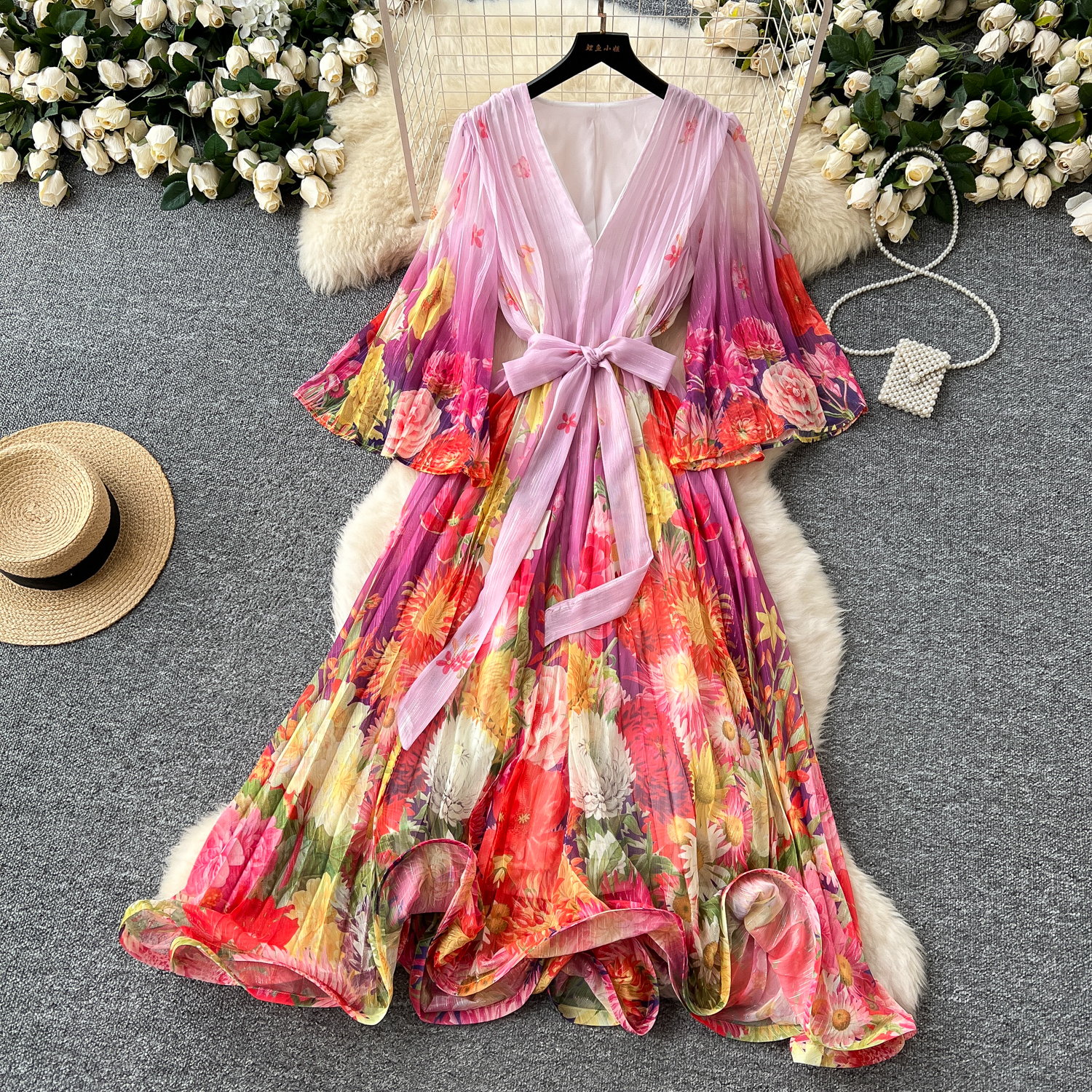 Basic Casual Dresses Summer A Line 2025 Bohemain Gorgeous Flower Bandage Lace Up Bright Silk Chiffon Dress Women Holiday V-Neck Flare Sleeve Loose Rob