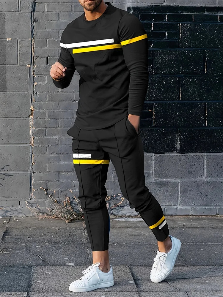 Spring and summer mens long sleeved pants set red and blue striped printed mens set daily fashion mens long sleeved T-shirt 250321