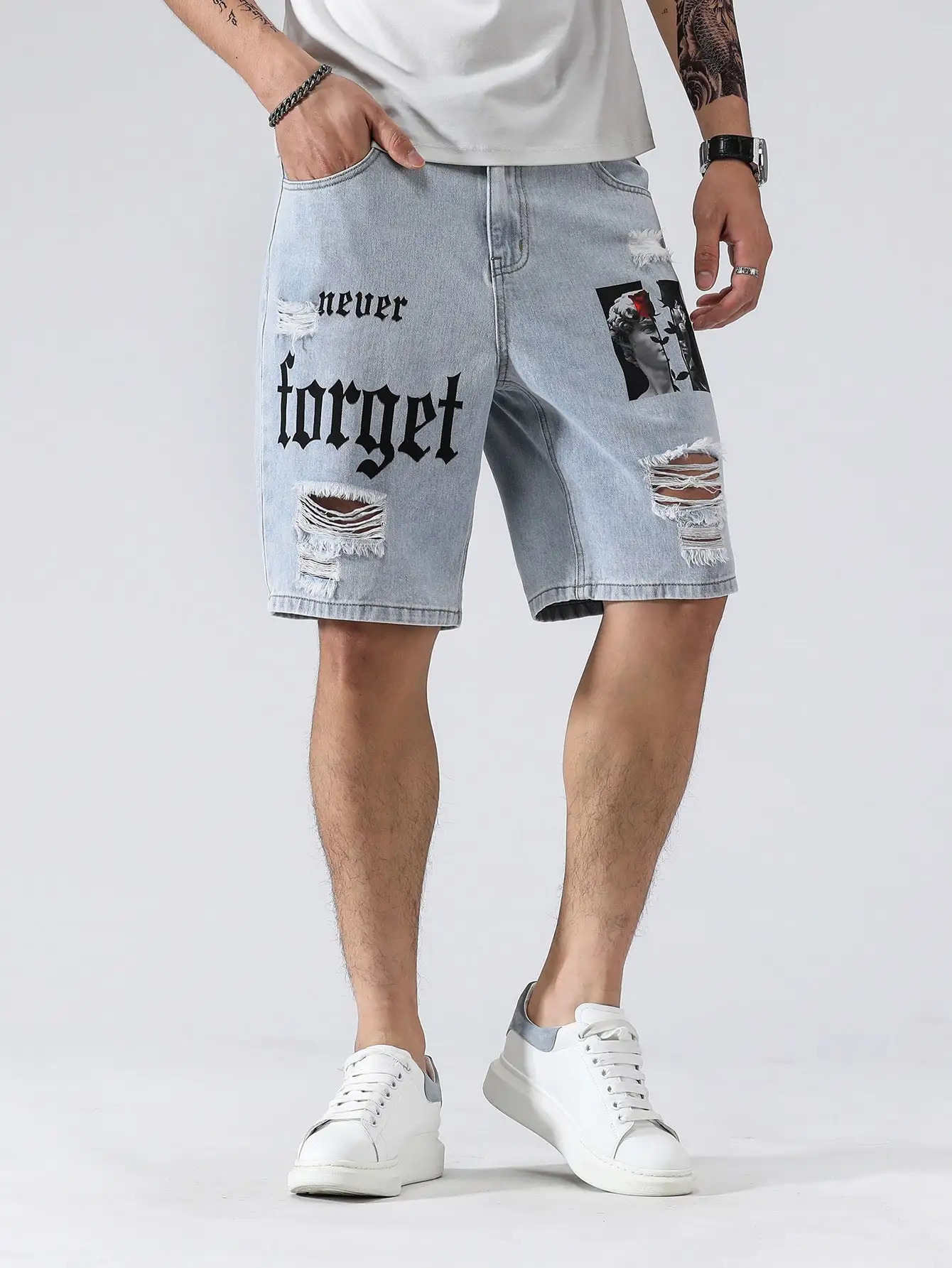Mens summer stretch denim shorts mens streetwear letter stretch knee length pocket comfortable cargo casual shorts jeans 250321