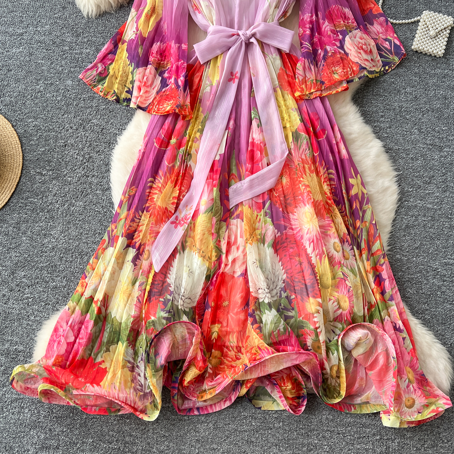 Basic Casual Dresses Summer A Line 2025 Bohemain Gorgeous Flower Bandage Lace Up Bright Silk Chiffon Dress Women Holiday V-Neck Flare Sleeve Loose Rob