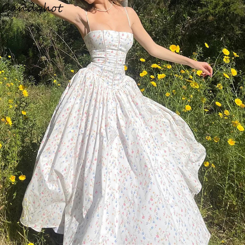 Candy Elegant Slim Pleated Print Sleeveless Maxi Dresses Aesthetic Off Shoulder Spaghetti Strap Dress Women Party 250320