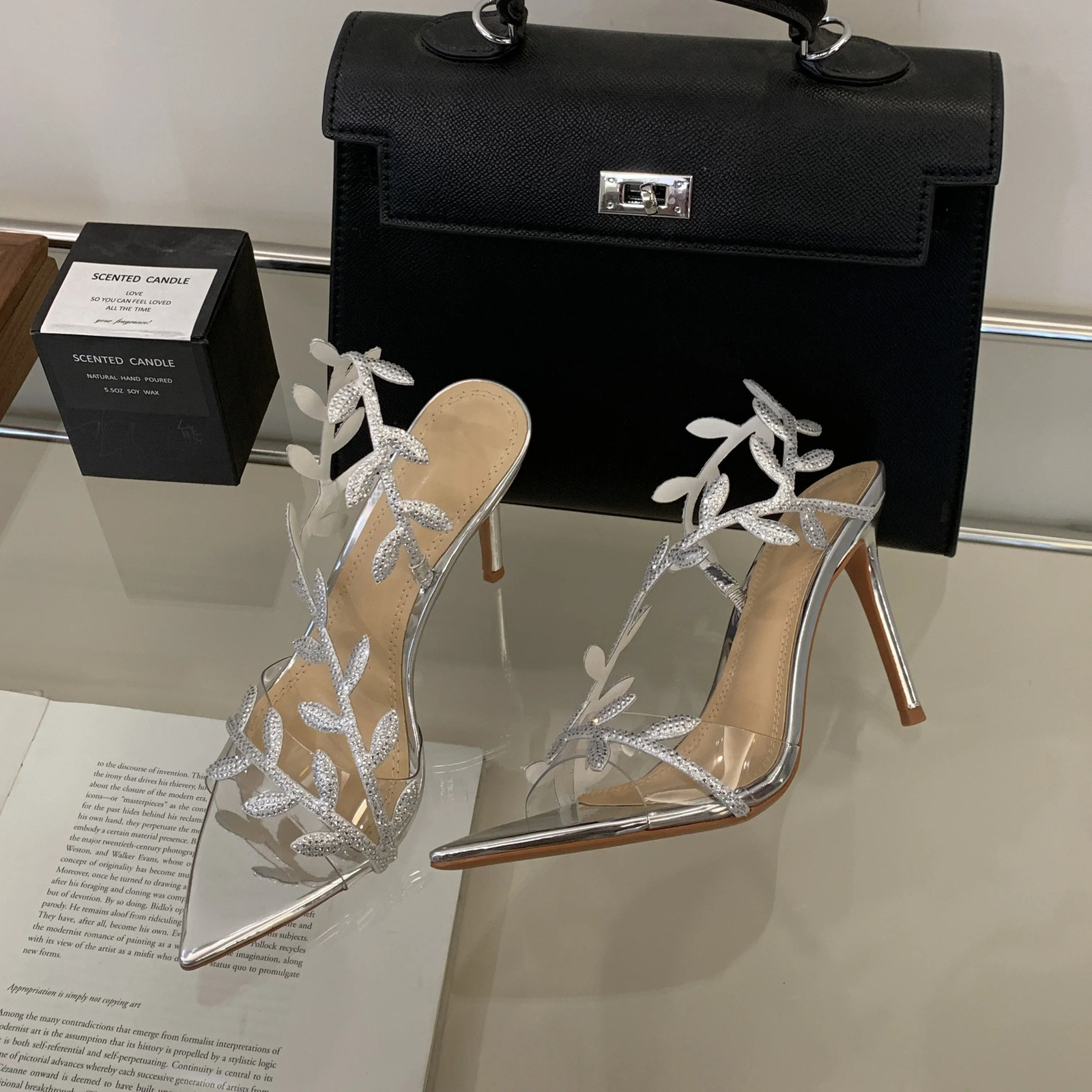 2025 Summer Womens Pumps Sexy Pointed Toe Rhinestone Leaves PVC Ankle Strap High Heel Sandals Party Dress Wedding Shoes 250328