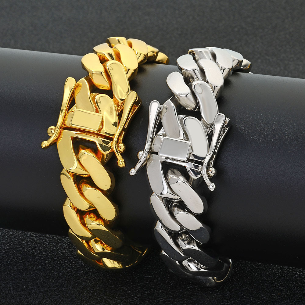 TOPGRILLZ Stainless Steel Gold Color Cuban Chain Faucet Button Hip Hop Fashion Jewelry For Gift 15MM