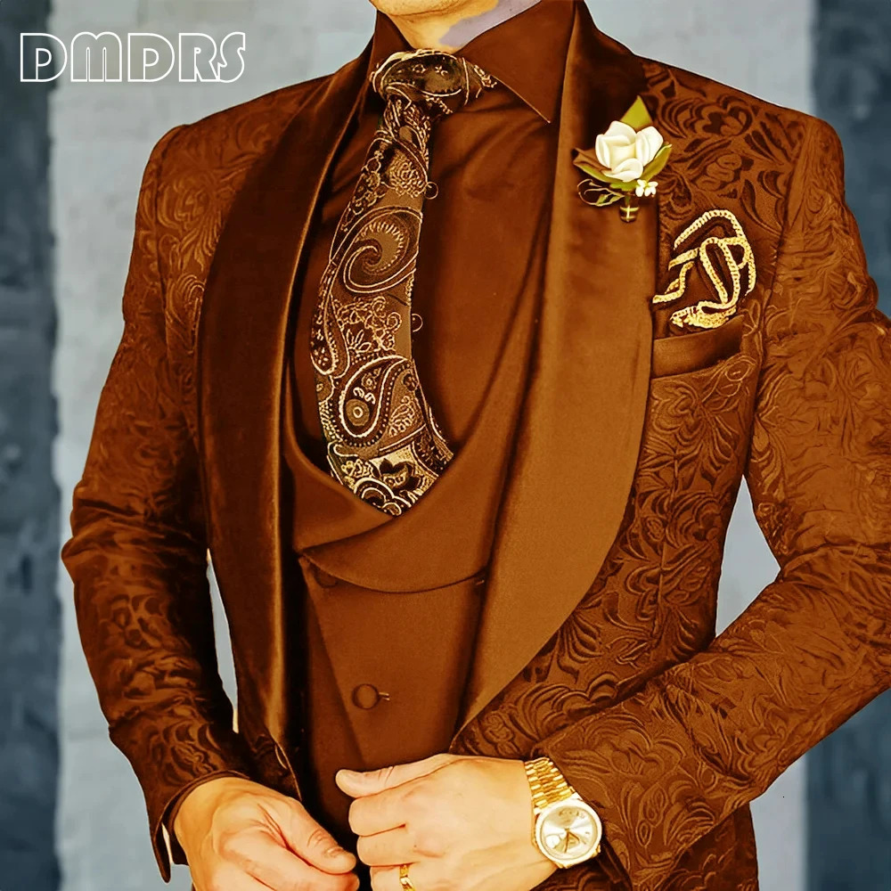Jacquard mens 3-piece formal party dress grooms tailcoat high-quality elegant mens custom set 250321