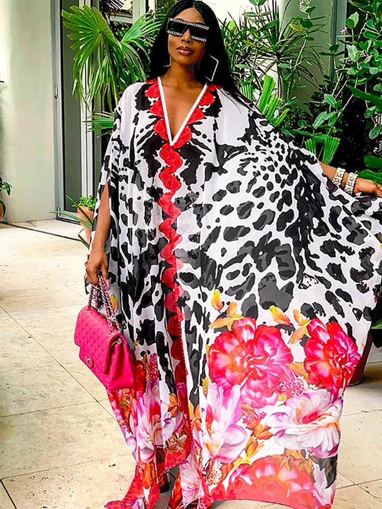 Oversized Bohemian Dress Chiffon Beach Cover V-neck Printed Beach Wear Summer Kaftan Dress Robe Checkered Swimsuit Cover 250318
