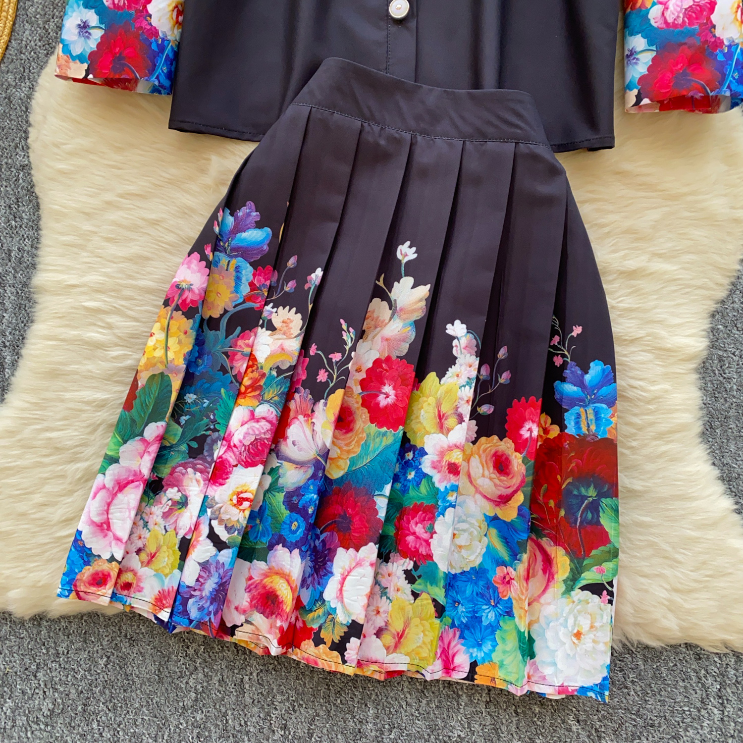 Two Piece Dress Floral Vintage 2 Piece Sets 2025 Women Clothing Long Lantern Sleeve Blouses High Waist Pleated Skirt Suit Chic Summer Outfits
