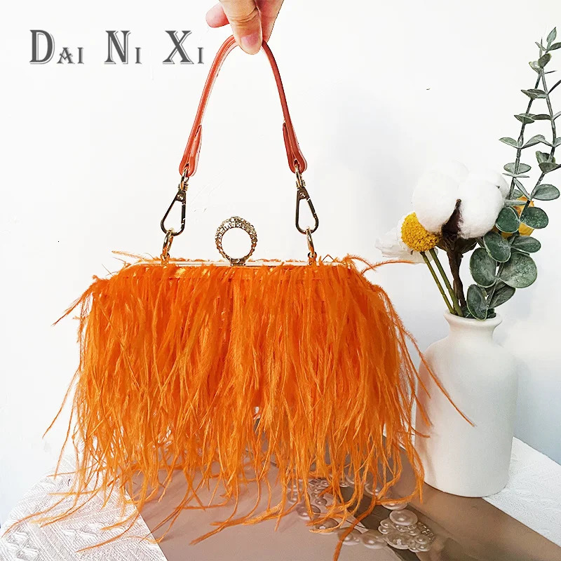 Fashion Ostrich Fuax Fur Feather Wallet Clutch Bag Ladies Diamond Knuckle Rings Dinner Party Wedding Purse y Chic 250318