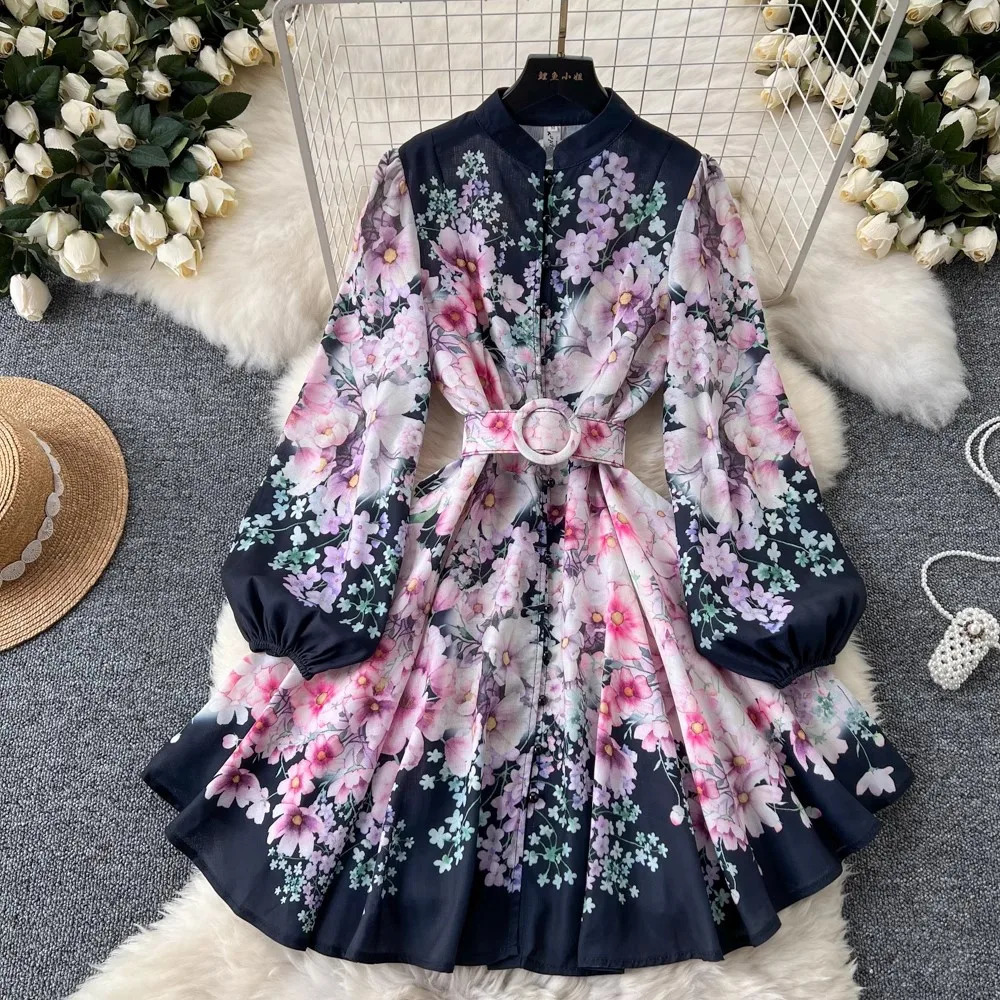Women Linen Clothing Spring Summer Runway Fashion Flower Print Vintage Dress Stand Neck Long Lantern Sleeve Belted Mini Dress 250322