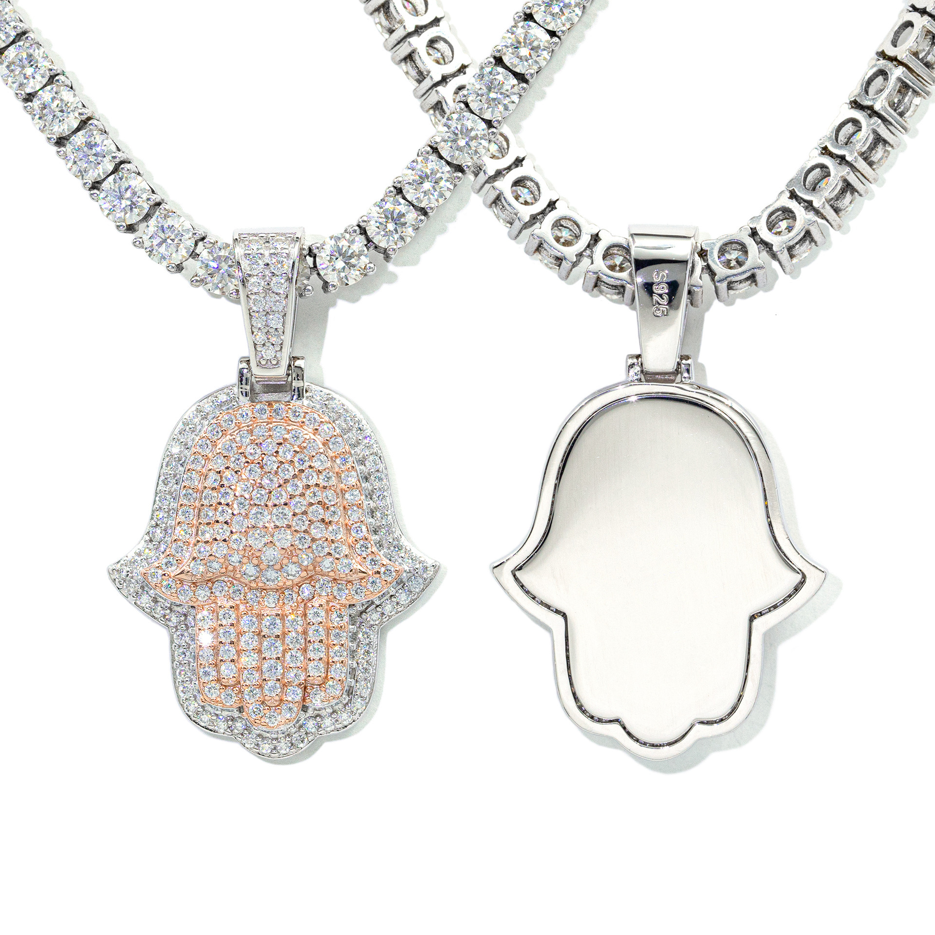Top-level Fashionable new S925 pure silver inlaid D-color VVS moissanite Fatima hand pendant hip-hop trendy brand Moissanite pendant necklace