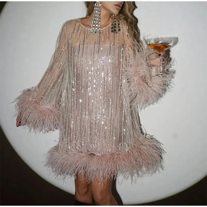 mini dress pink party flame sleeve camel bird feather sequin lightweight Aline 250320