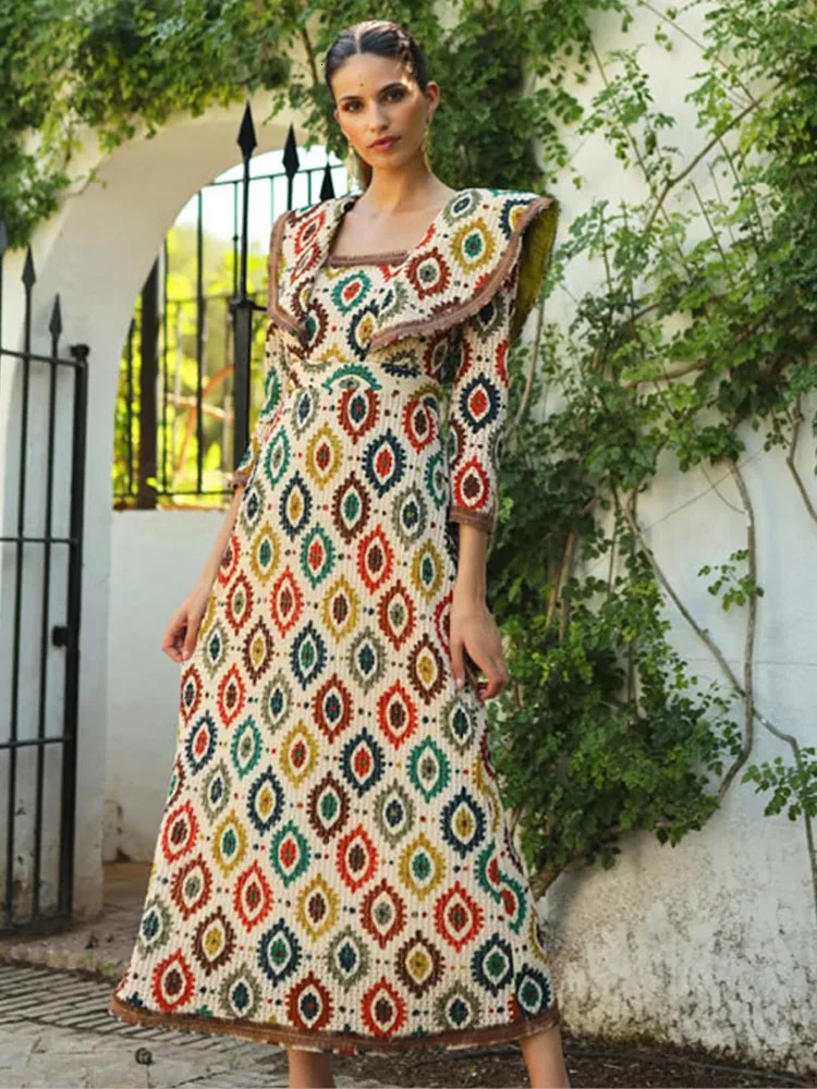 Elegant long sleeved square neckline printed robe with fashionable splicing slim fit colorful collision dress womens street vest 250320