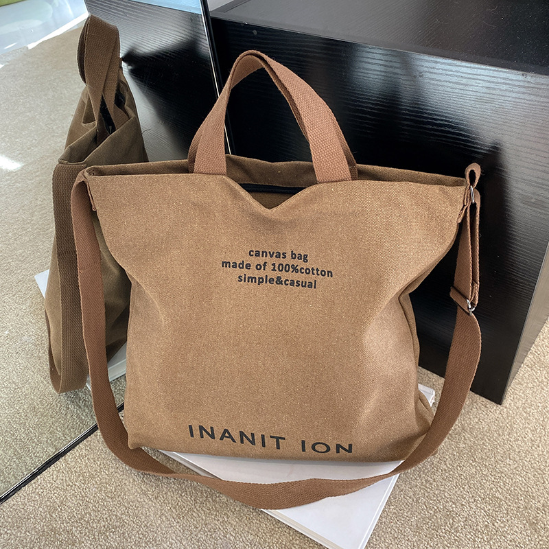 Crossbody brown canvas bag Washed canvas thickened tote bag Large capacity Fashion student bag neutral 2025