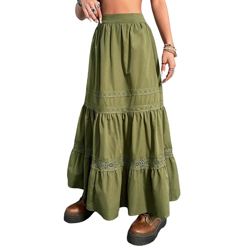 90s Vintage Green Pleated Skirts Korean Fashion Holiday Boho High Waist Long Skirts Retro Y2K Fairycore Cute Lace Trim Clothes 250322