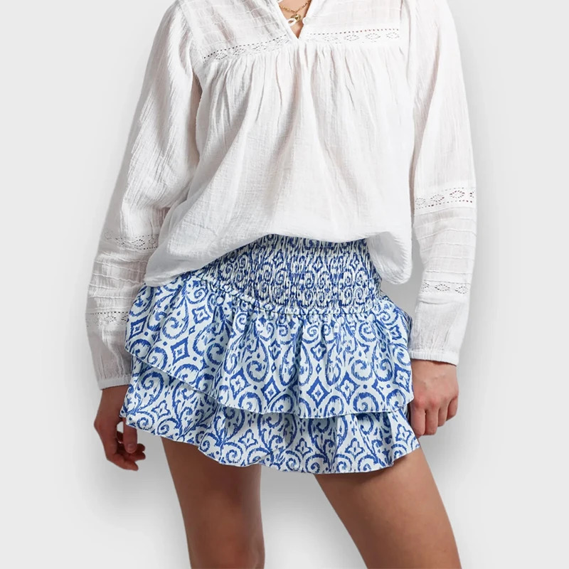 Women Y2K Ruffle Layered Mini Skirts Smocked A Line Pleated Short Skirt Boho Beach Mini Skirt Cute Skirts 250319
