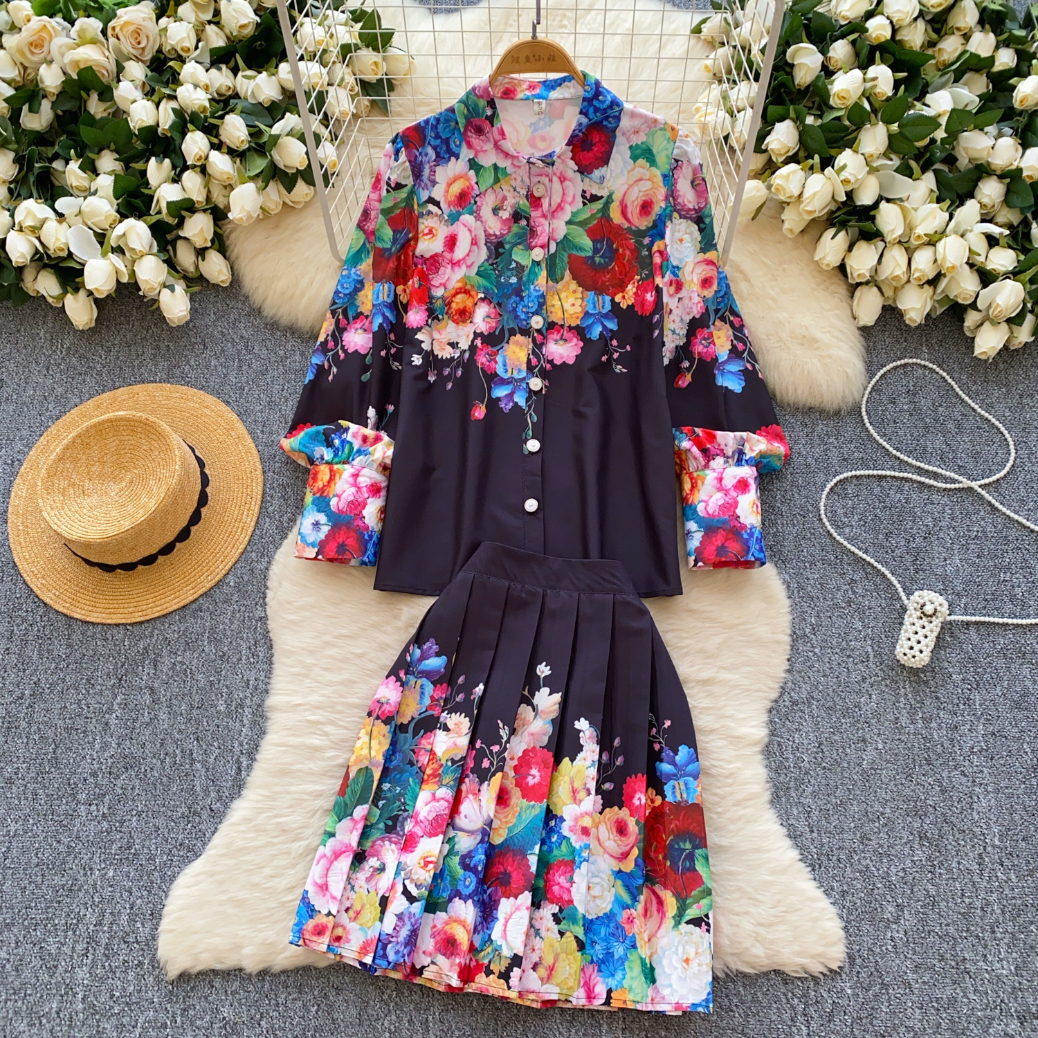 Two Piece Dress Floral Vintage 2 Piece Sets 2025 Women Clothing Long Lantern Sleeve Blouses High Waist Pleated Skirt Suit Chic Summer Outfits