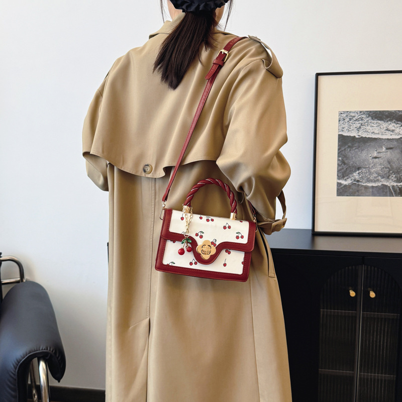 New lovely cherry print crossbody bag twist hand bag small square fresh color contrast design girl bag