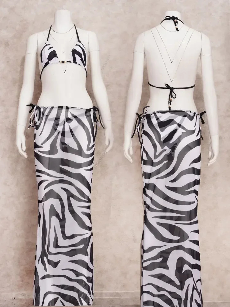 Sexy Zebra Stripes 3 Pieces Bikini Set Summer Beach Wear Triangle Bikinis Swimsuit Skirt Swimwear Cover-up A1554 250322