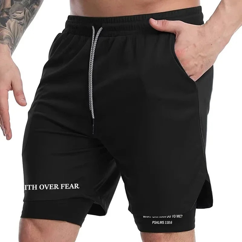 Print 2 in 1 Running Workout Shorts for Men Christian Gym Athletic Performance Shorts with Phone Pocket Towel Loop Activewear 250317