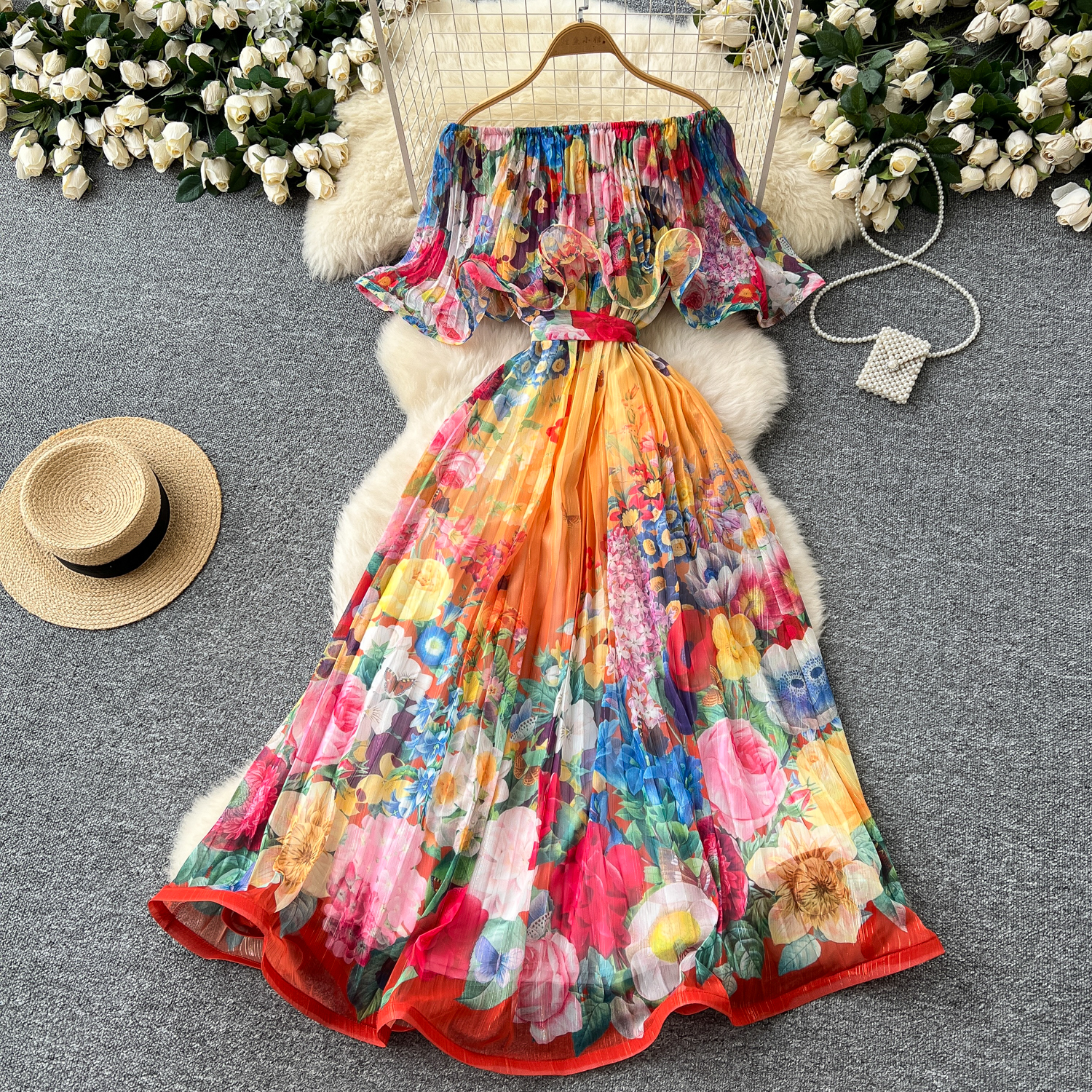 Basic Casual Dresses Spring Summer Off Shoulder Gorgeous Flower Holiday Dress Women's Slash Neck Ruffles Batwing Sleeve Print Casual A-Line Beach