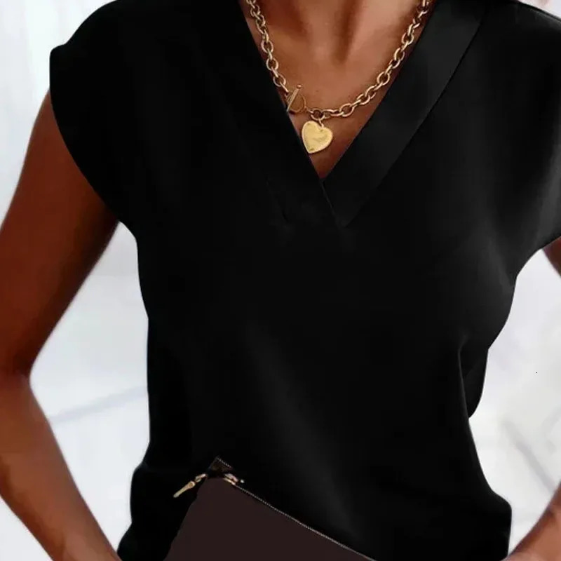 2024 Fashion Summer Casual Shirts Office Lady Top Elegant Simple Blouse Women Short Sleeve VNeck Woman Clothes 25684 250311