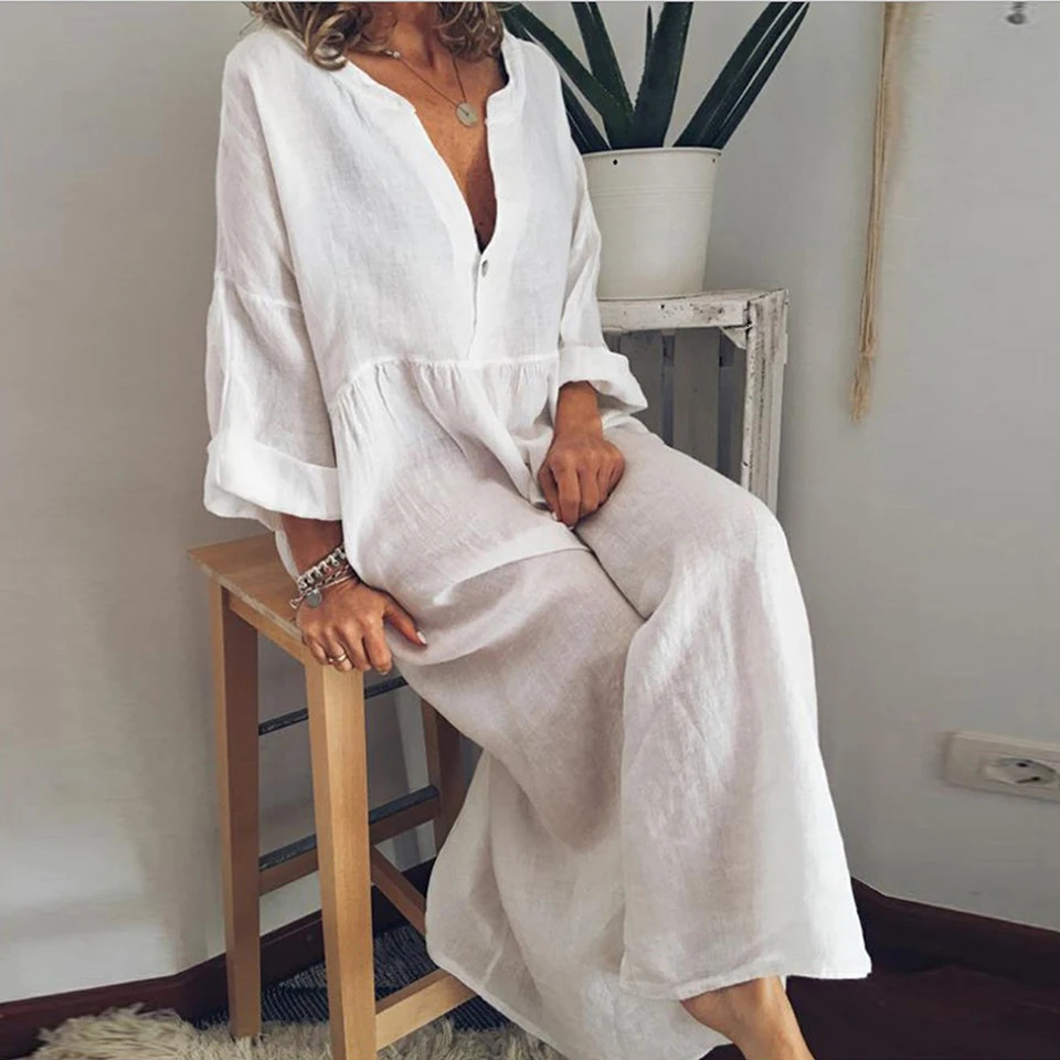 Holiday Casual Shirt Dress Women Solid Color Long Sleeve V-neck Loose Cotton Linen Midi Dress Summer Thin Weekend Street Dresses 250322