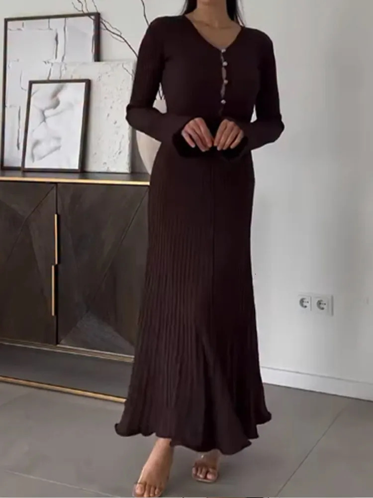 Womens Elegant Button Vneck Knitted Long Skirt Fashion Sleeve Ruffle Slimming Vestido Waist Office Robe 250320