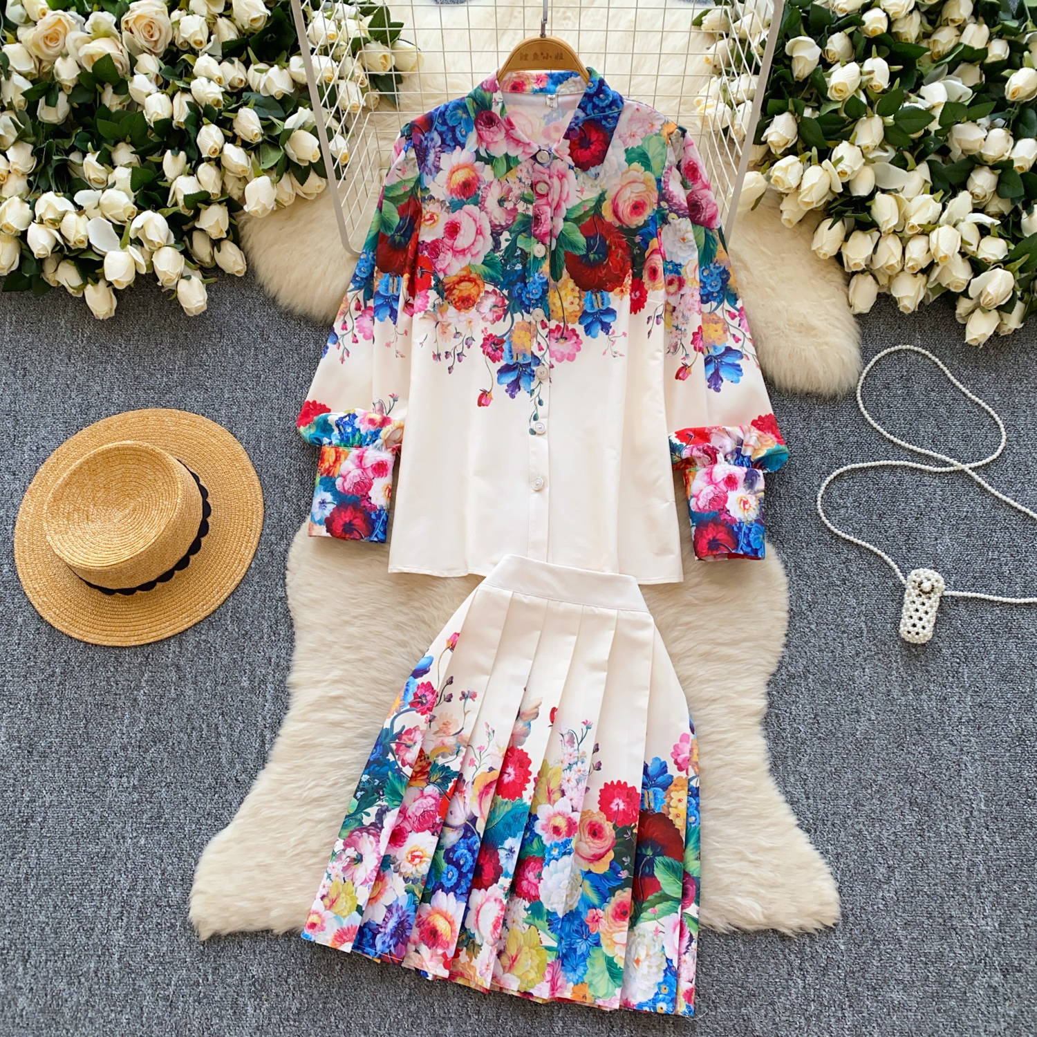 Two Piece Dress Floral Vintage 2 Piece Sets 2025 Women Clothing Long Lantern Sleeve Blouses High Waist Pleated Skirt Suit Chic Summer Outfits