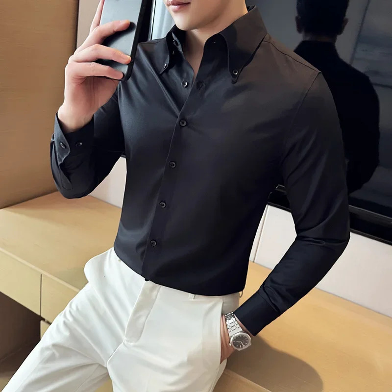 Plus Size 6XL-M Solid Color Big Neck Mens Shirt High Quality Long Sleeve Slim Fit Shirt Formal Social Party Evening Dress 250321