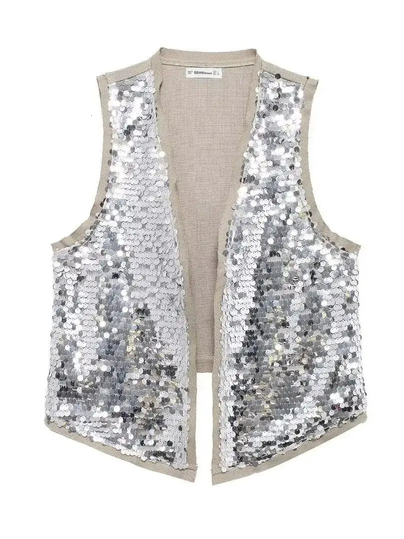 Zevity Women Euro V Neck Sequined Patchwork Vest Jacket Lady Sleeveless Open Stitching Casual Retro WaistCoat Tops CT6229 250320