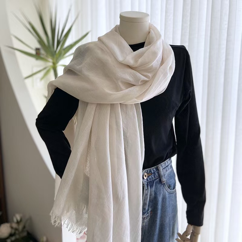 T338 cotton and linen solid color scarf female summer sun protection medium long gauze scarf Japanese and Korean literary beach long scarf travel neck