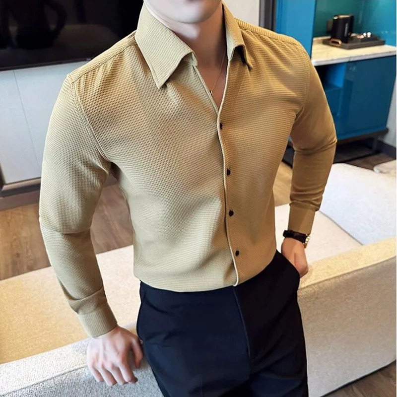 Autumn solid color waffle shirt mens slim fit V-neck long sleeved casual business formal dress social party streetwear 4XL 250321