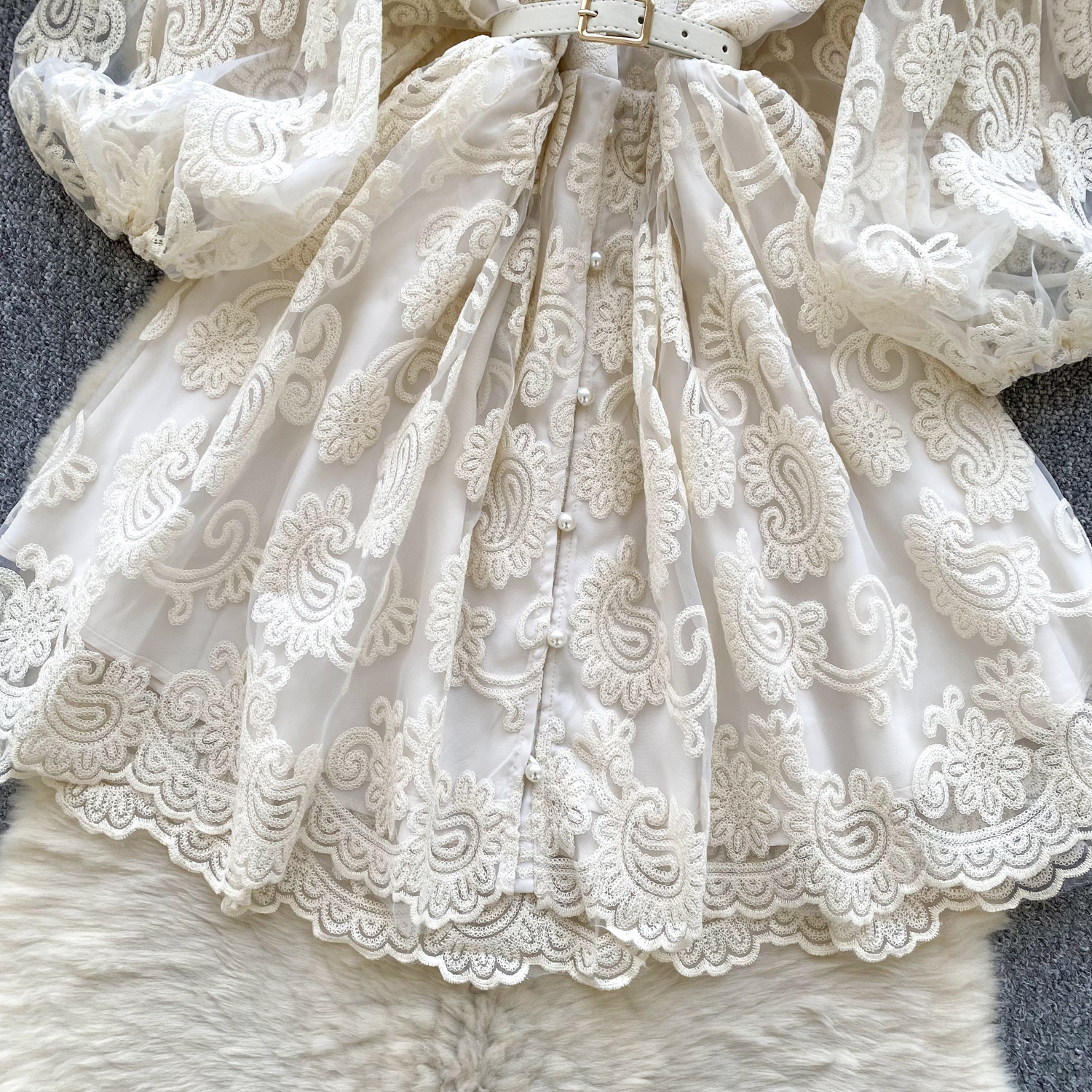 Casual Dresses French Sweet V Neck Lantern Sleeve Mini Dress Summer Women Embroidery Flower Mesh Patchwork Belt Casual Beach A-Line Party Robes 2025