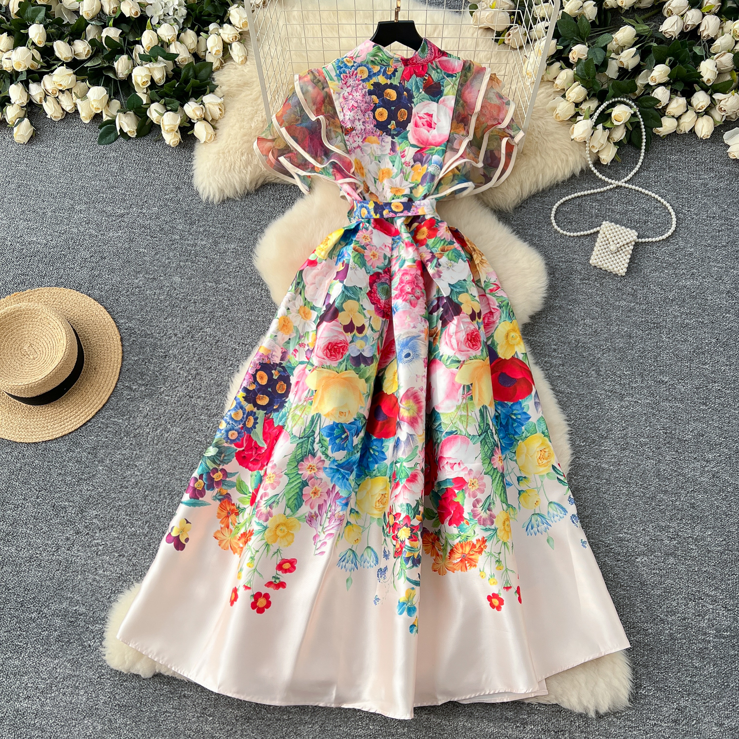 Casual Dresses Summer Summer Bohemian Gorgeous Flower Long Dress Women V-Neck Layer Mesh Sleeve Floral Print Bandage Lace Up Robe Vestidos Clothes 202