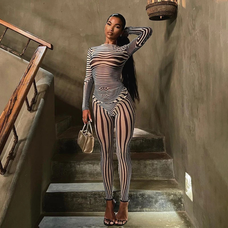 Sexy Hipster Long Sleeve O-Neck Female Streetwear Outfits Mesh Striped Two Piece Set Women Sheath Body-Shaping High Street 250322