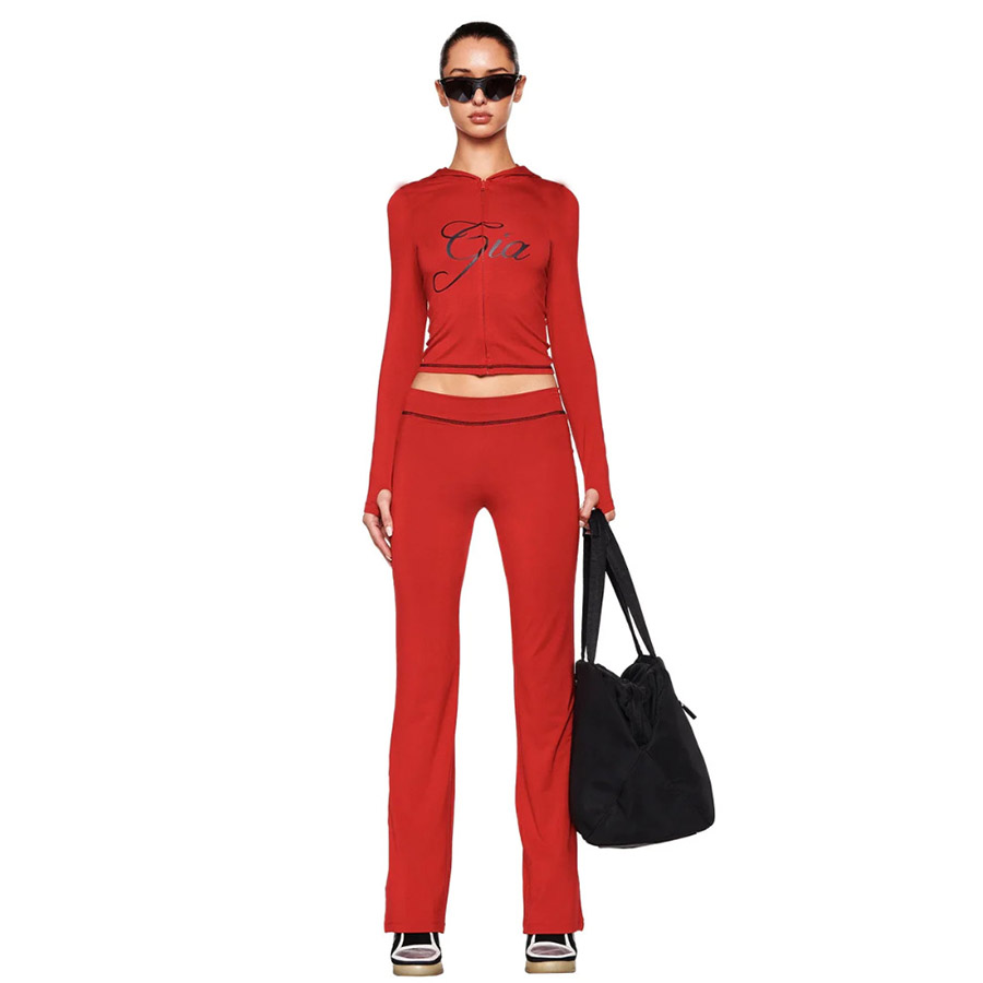 Women's Two Piece Pants IAMGIA Set Letter Logo Elastic Thin Print Slim Fit Zipper Hoodie Short Jacket Top Fitness Suit