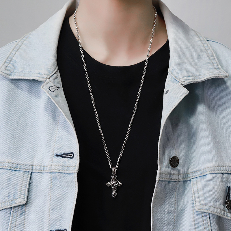 S925 Sterling Silver Vintage vine Cross Necklace Pendant mens and womens street personality trend Pendant