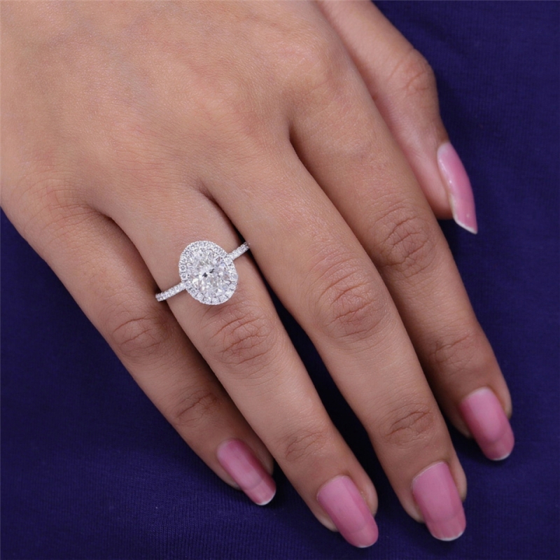 Jewelry 14K 18K Real Gold Halo Engagement Ring 1.5 Carat Oval Cut Lab Grown Diamond Ring Half Eternity Proposal 950 Platinum Anniversary Wedding Gift 
