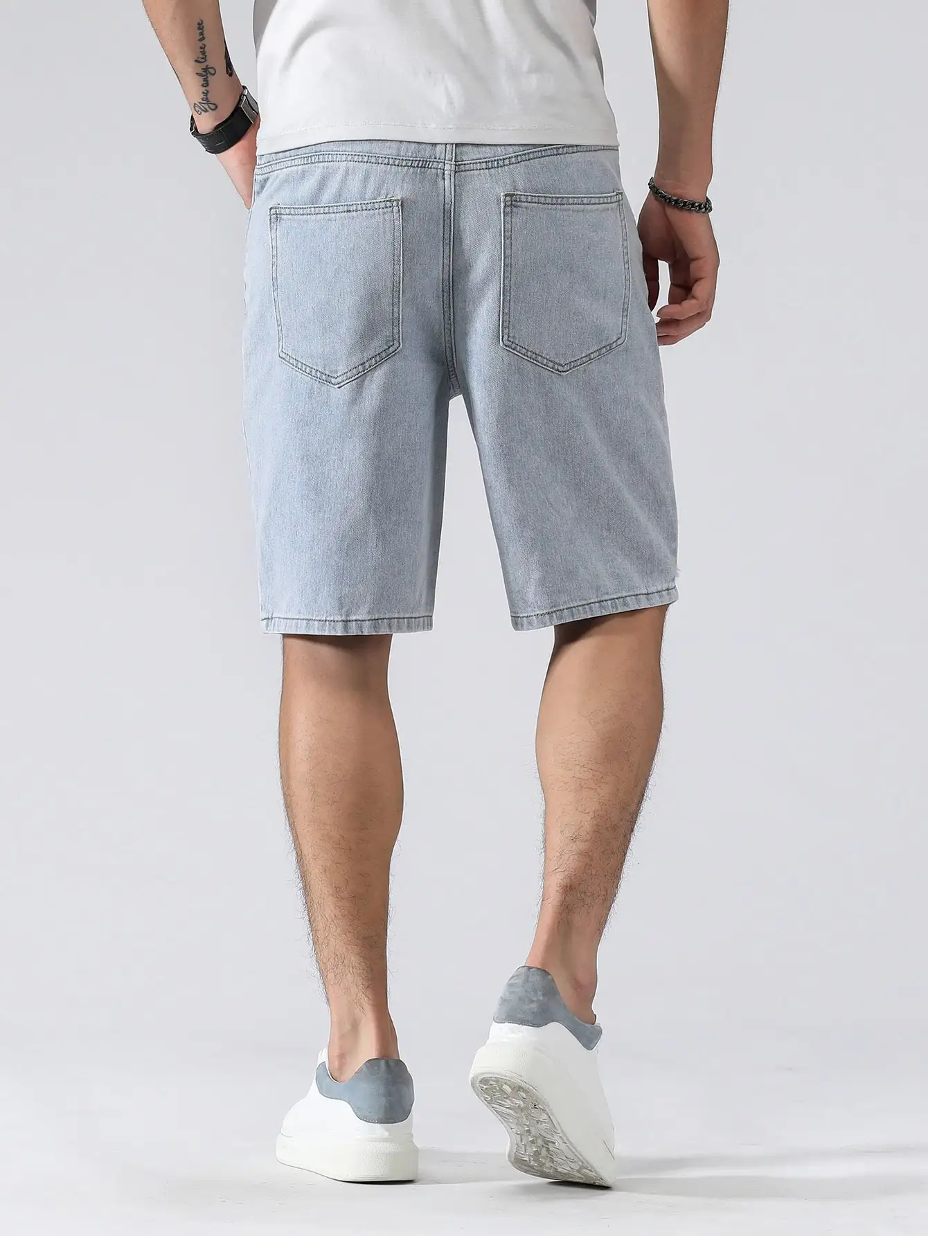 Mens summer stretch denim shorts mens streetwear letter stretch knee length pocket comfortable cargo casual shorts jeans 250321
