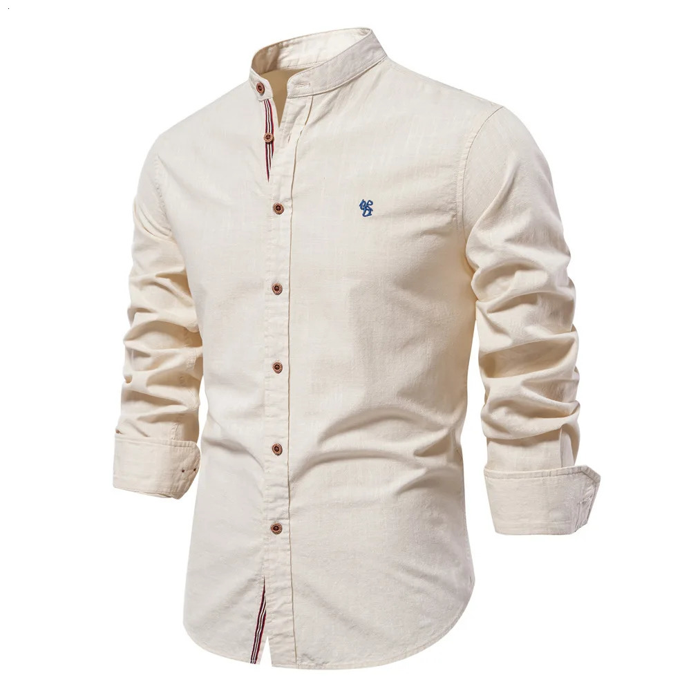 100% Cotton Linen Shirt Men Solid Color Embroidery Shirts Blouses High Quality Long Sleeve Button Down Casual Tops 250322