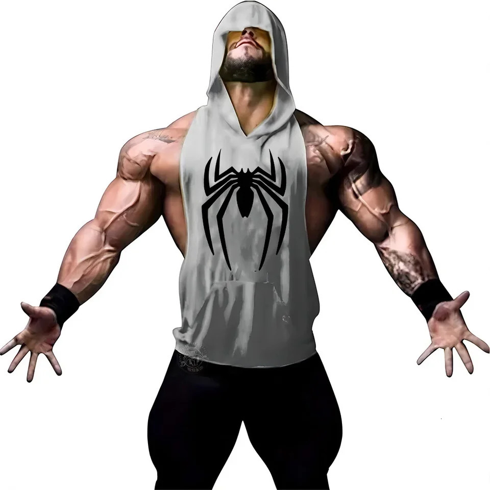 Mens printed spider sleeveless shirt hooded vest outdoor Y2k sports gym boxing breathable top quick drying 250318