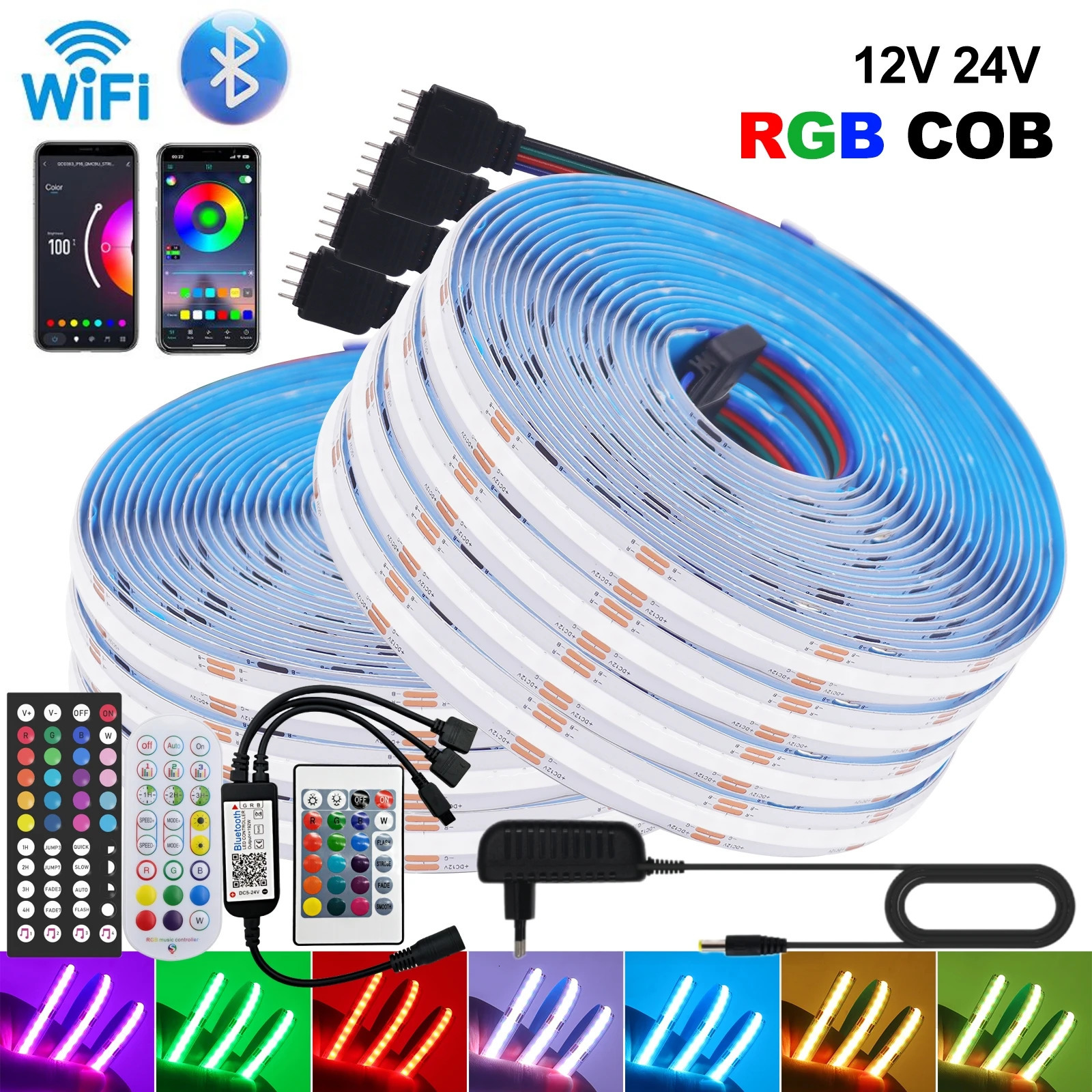 WiFi Bluetooth COB RGB LED Strip Lights With Remote Control 12V 24V Flexible Tape Ribbon Works with Alexa Music Linear Lighting 250311