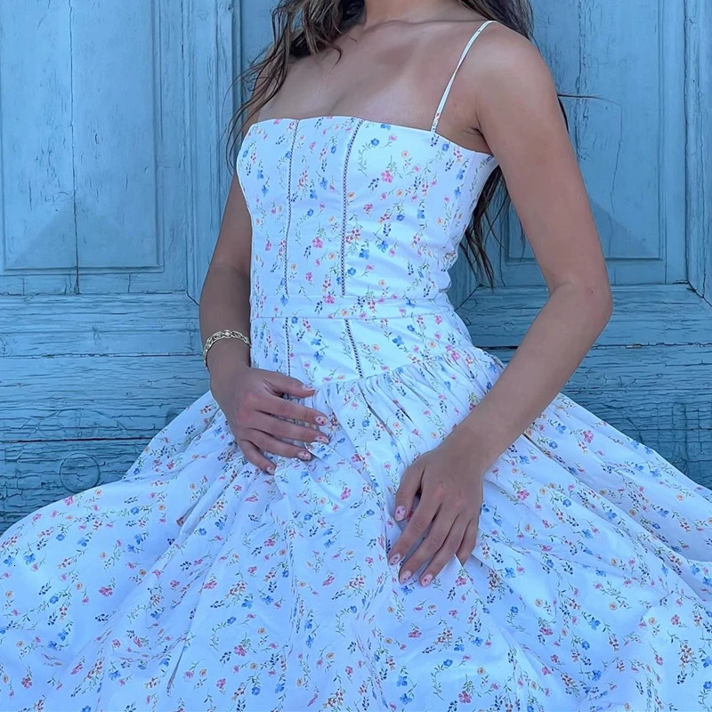 Candy Elegant Slim Pleated Print Sleeveless Maxi Dresses Aesthetic Off Shoulder Spaghetti Strap Dress Women Party 250320