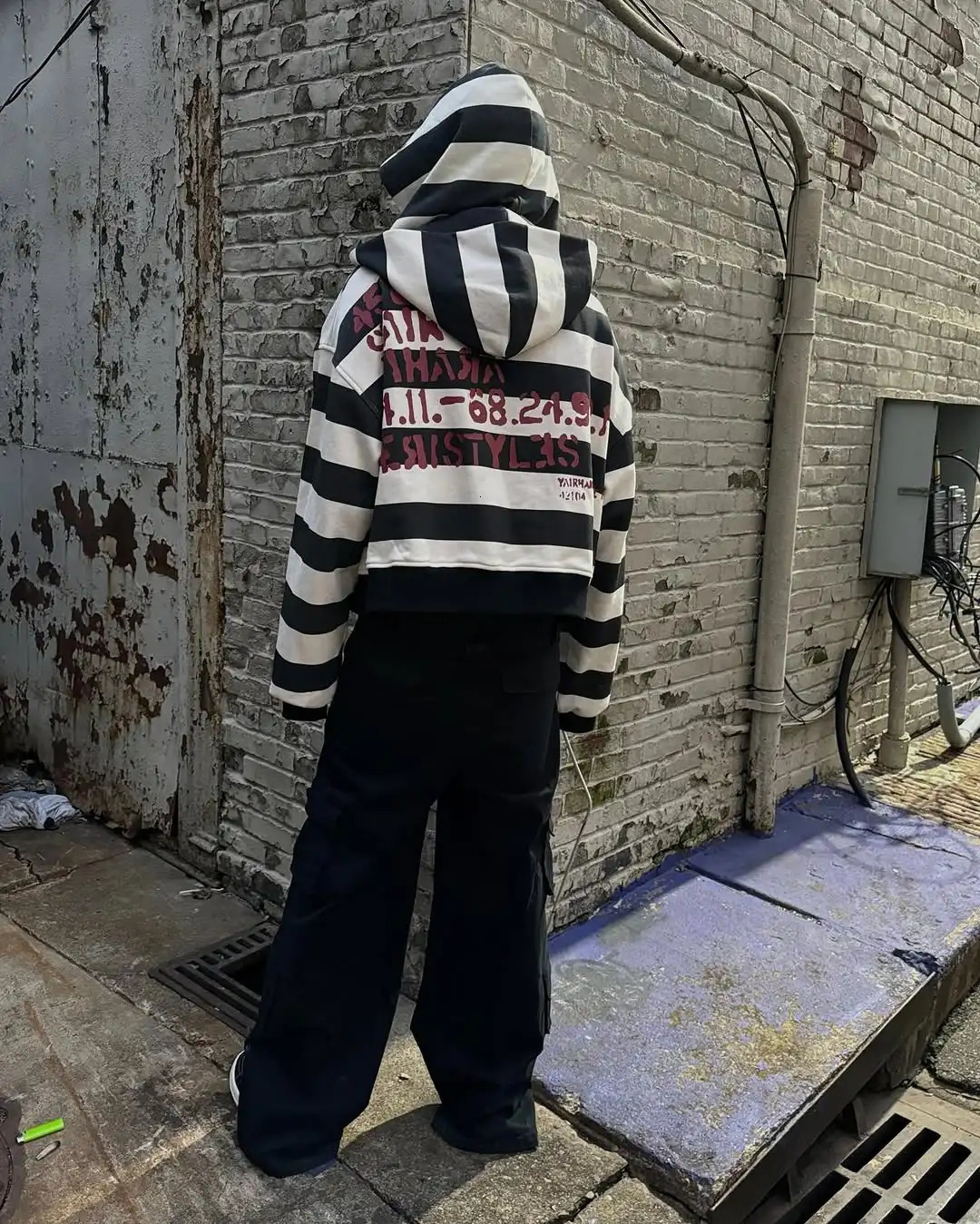 2025 Black White Stripe Prison Style Double Cuff Double Niche n Autumn Hoodie Mens Loose Casual Sports Street Clothes 250322